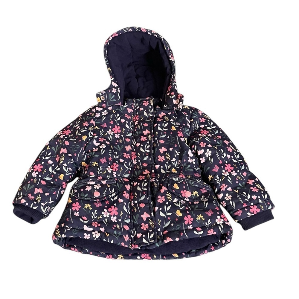 Primark Navy Blue Floral Baby Puffer Winter Coat Sz 18-24mos​​​​